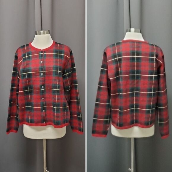 Vintage 90s y2k Talbots Red Green Stuart Tartan Plaid Wool Blazer Cardigan XL - Picture 1 of 5